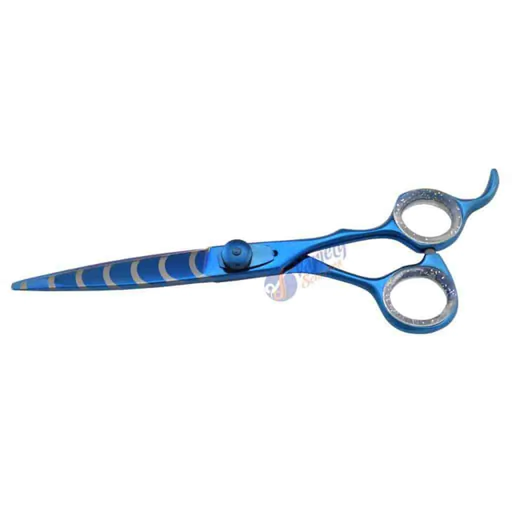 Blue Zebra Hairdressing Scissors Ã¢â‚¬â€œ Laser Engraved Blade with Fixed Finger Rest